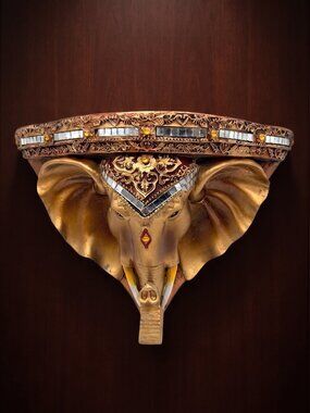 Vintage Gold Elephant Head Wall Shelf Jeweled Mirror Mosaic Indian Boho Decor